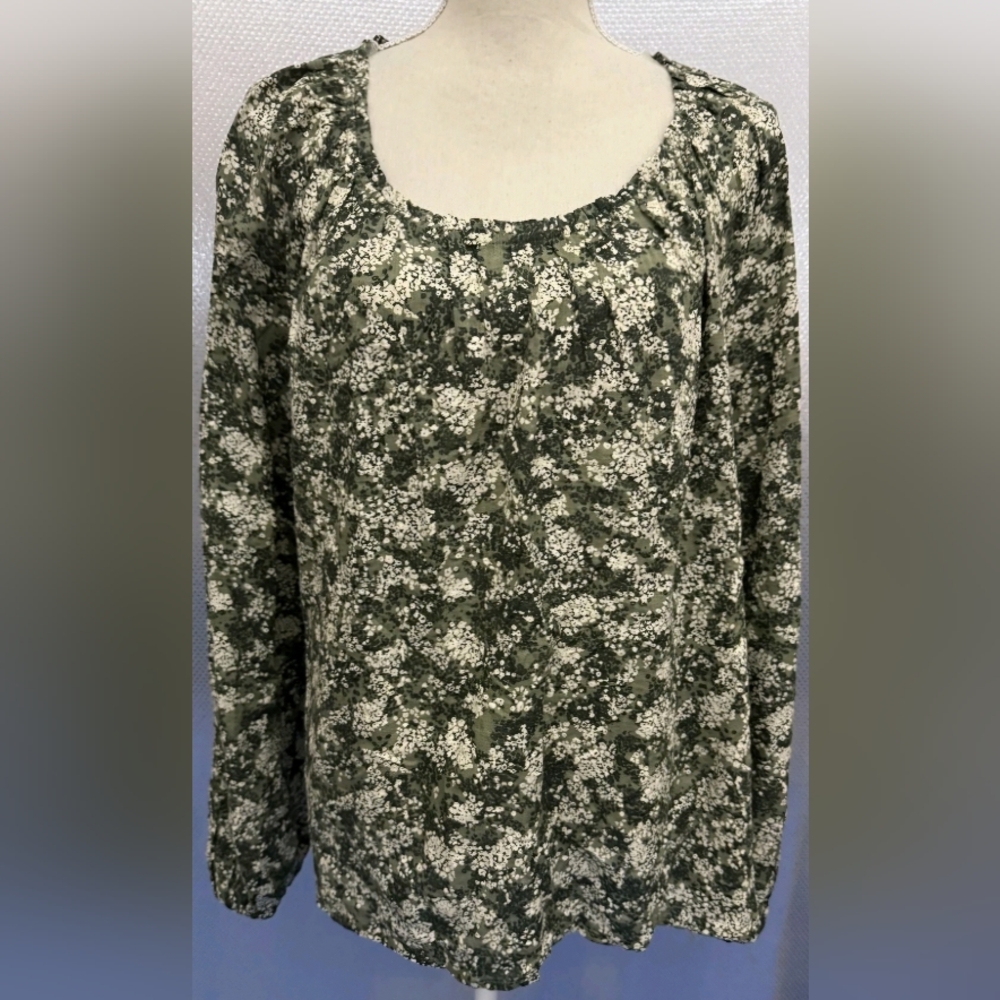 2X Plus A.N.A A New Approach Top Womens Green Floral Boho Peasant Shirt NWT